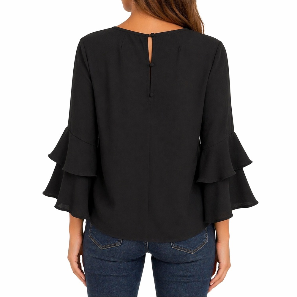 J.Crew Black Ruffle Sleeve Blouse Size 6 Keyhole Back Flowy Top - Picture 2 of 12